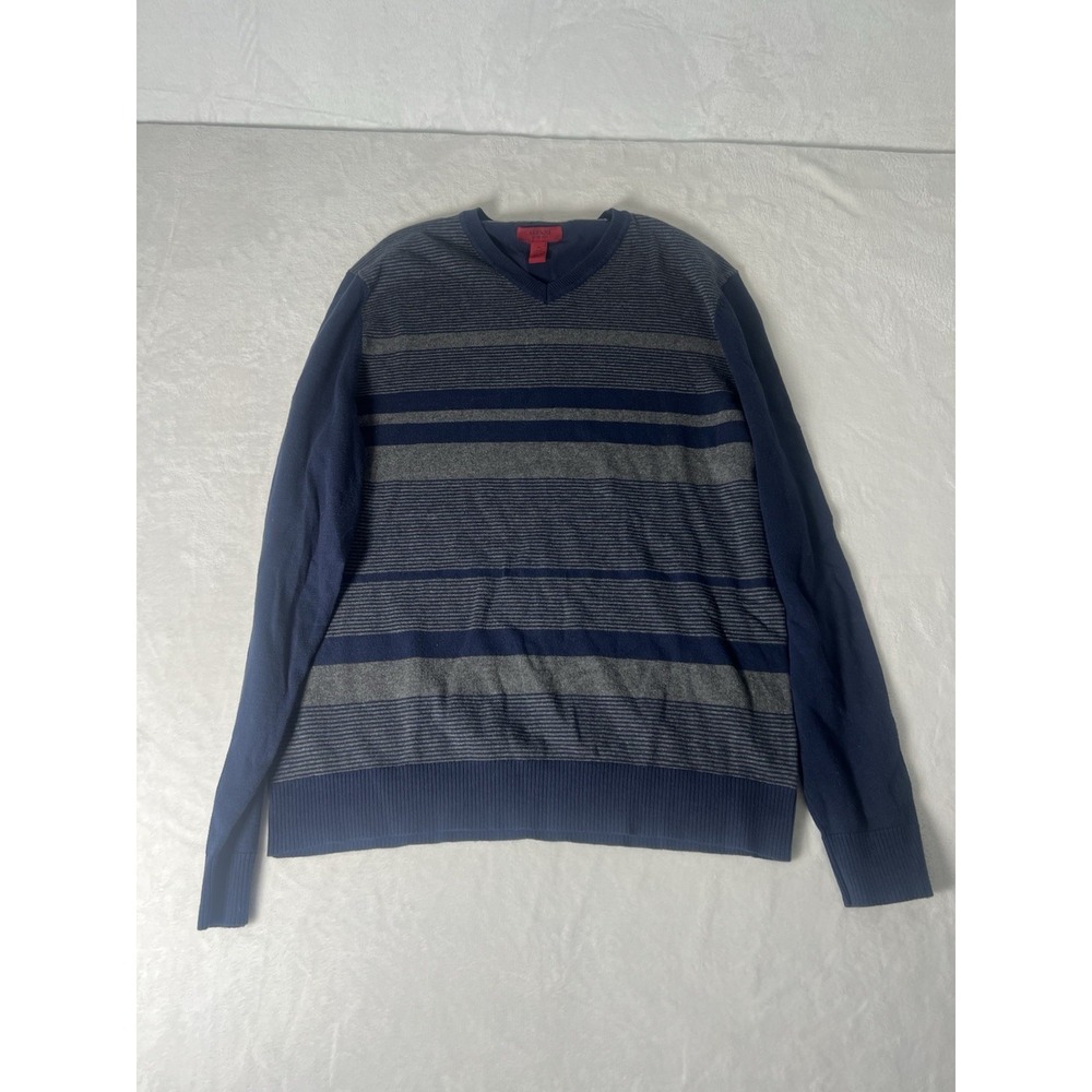 Alfani Men Long Sleeve V-Neck Cotton Striped Pullover Shirt Blue Size Medium
